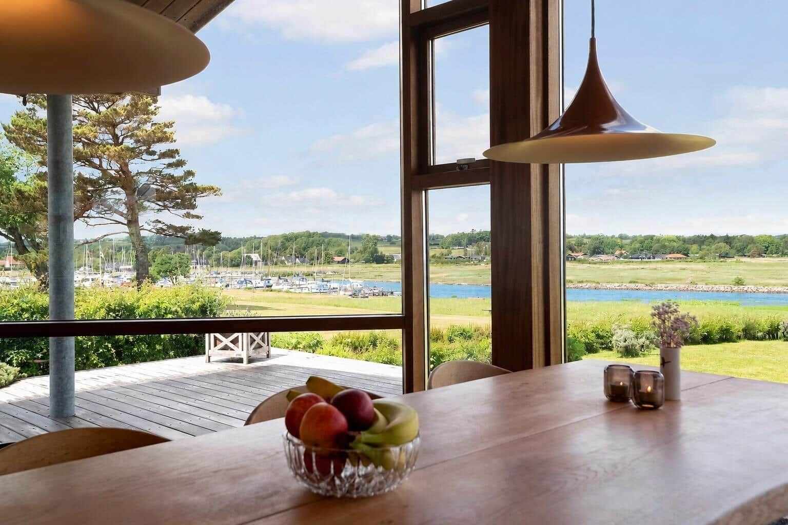 Dining area with view of harbor and meadow