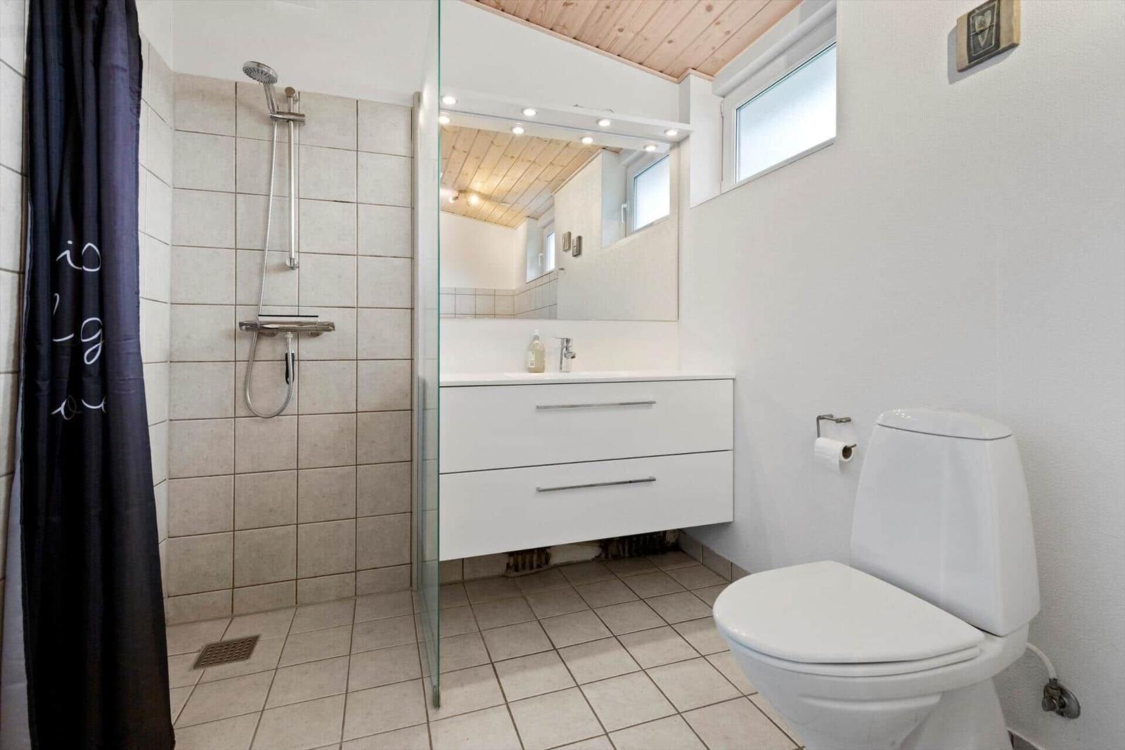 Bathroom with shower, sink and toilet. Wooden ceiling and window.