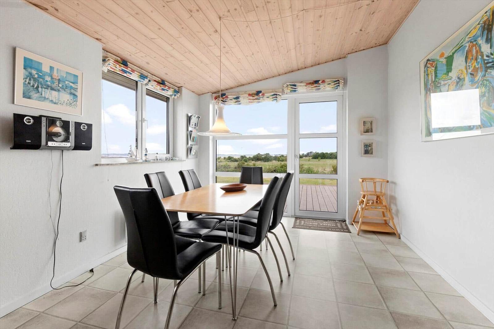Dining room with table, chairs, and view of the landscape.