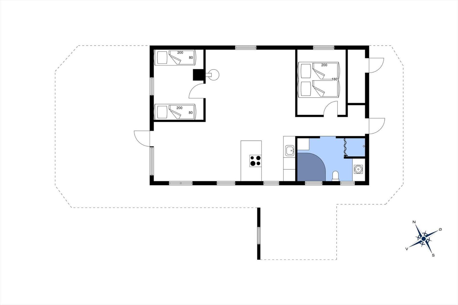 Apartment with two bedrooms, kitchen, and bathroom. Floor plan with compass.