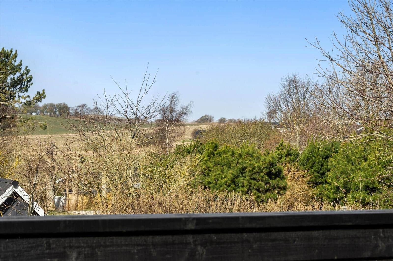 Weitläufiger Blick auf Wiesen und Bäume unter klarem Himmel von einer Terrasse aus