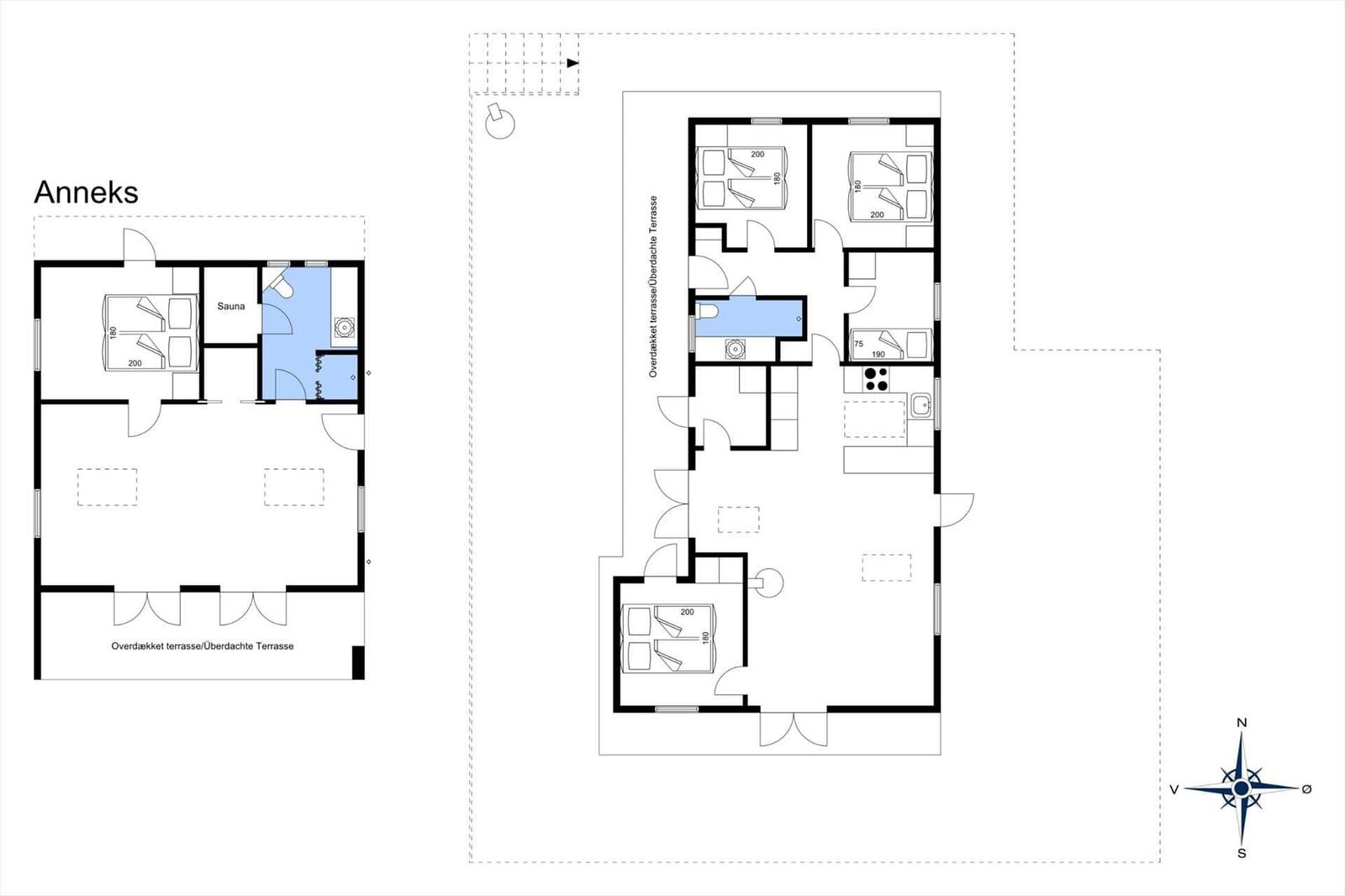 Zwei Wohnungen mit Sauna und überdachter Terrasse. Raumplan mit Maßen.