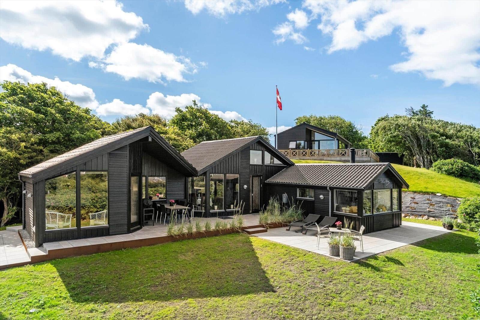 Modern wooden house with terrace and garden. Danish flag waving in the wind.