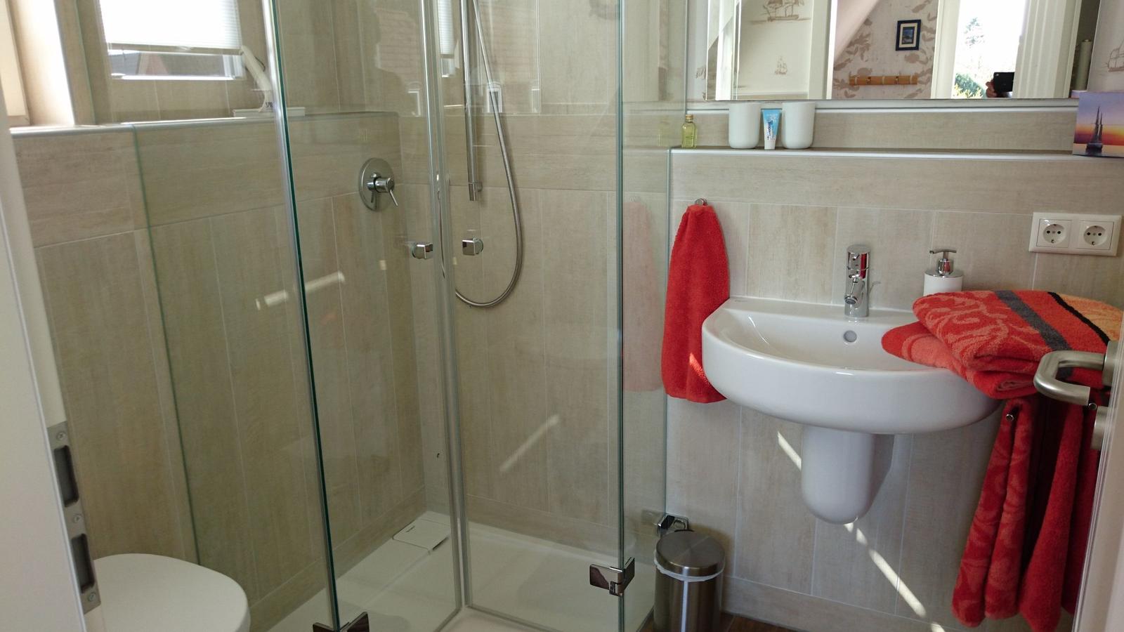 Badezimmer mit Dusche, Waschbecken und Toilette. Rote Handtücher und Spiegel sichtbar.
