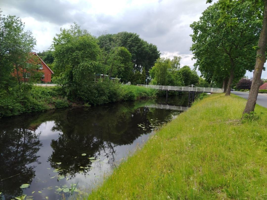 Flussufer mit Brücke, Gras und Bäumen. Im Hintergrund ein rotes Haus.