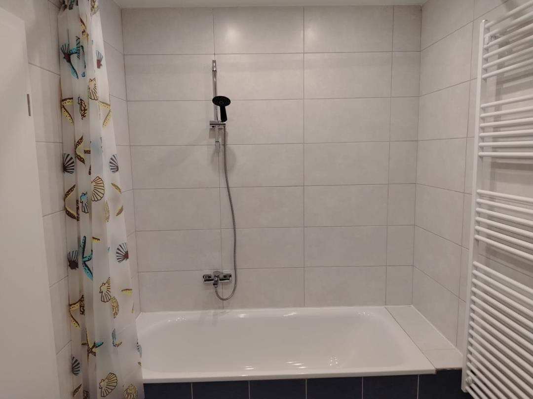 Bad mit Badewanne, Duschbrause und Heizkörper