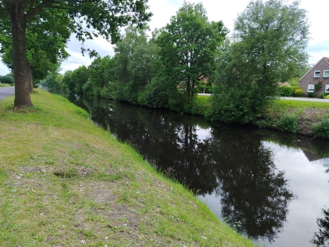 Ein ruhiger Kanal mit grüner Ufervegetation und Bäumen. Ein Haus ist am gegenüberliegenden Ufer sichtbar.