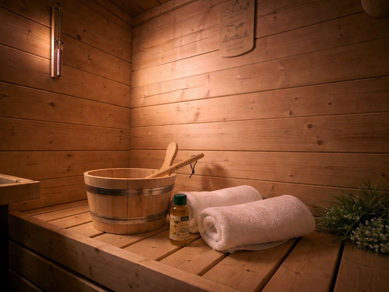 Sauna mit Holzbank, Eimer, Handtuch und Ölflasche.