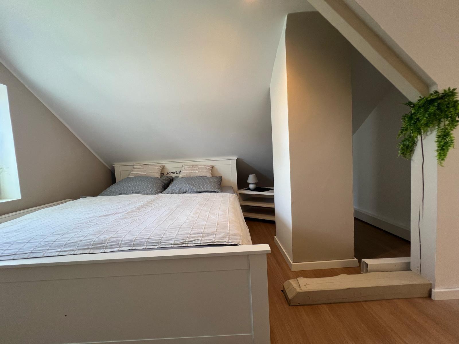 Schlafzimmer mit Dachschrägen, weißem Bett und Holzboden. Grüne Pflanze an der Wand.
