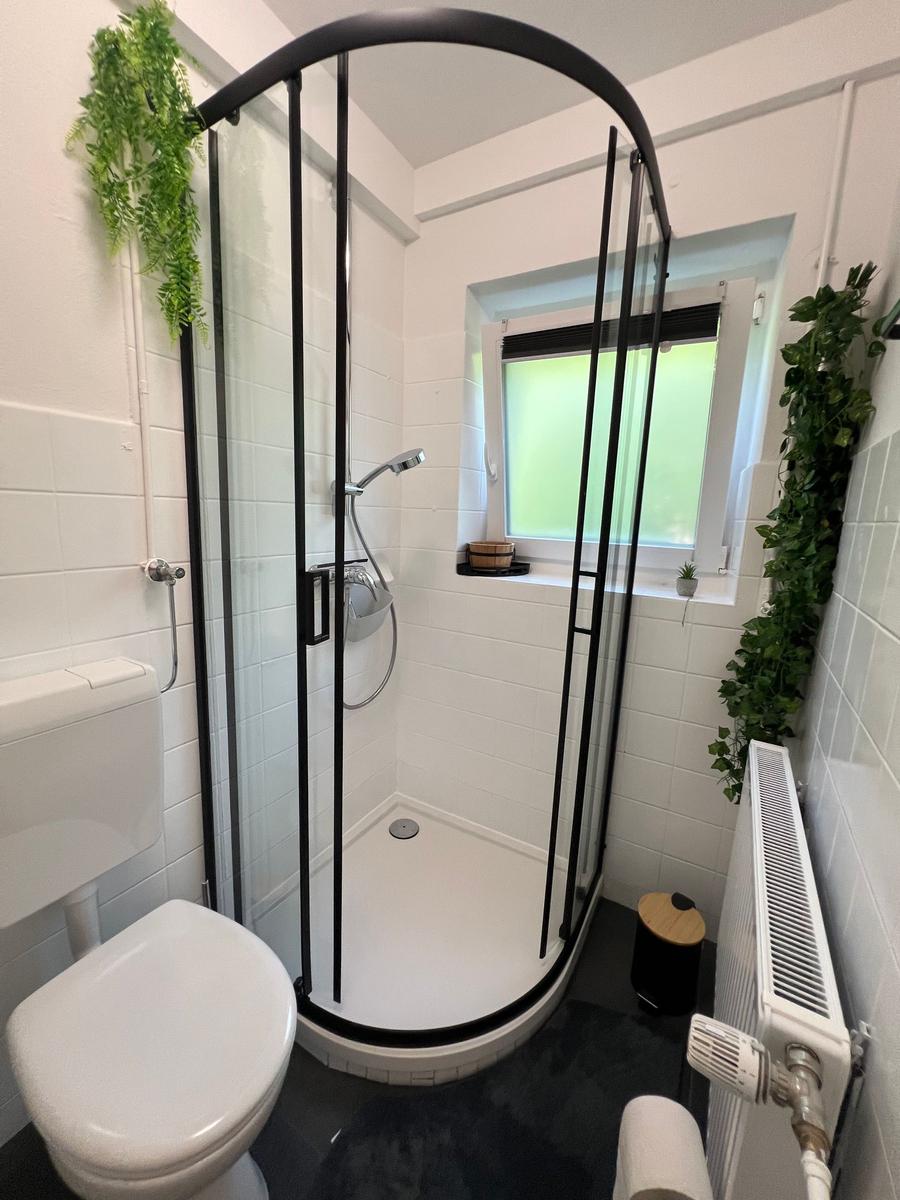 Badezimmer mit Dusche, Toilette und Fenster. Grüne Pflanzen an den Wänden.