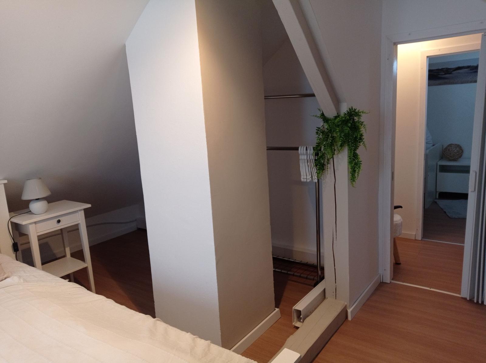 Schlafzimmer mit Kleiderschrank und Pflanze. Blick in angrenzenden Raum.