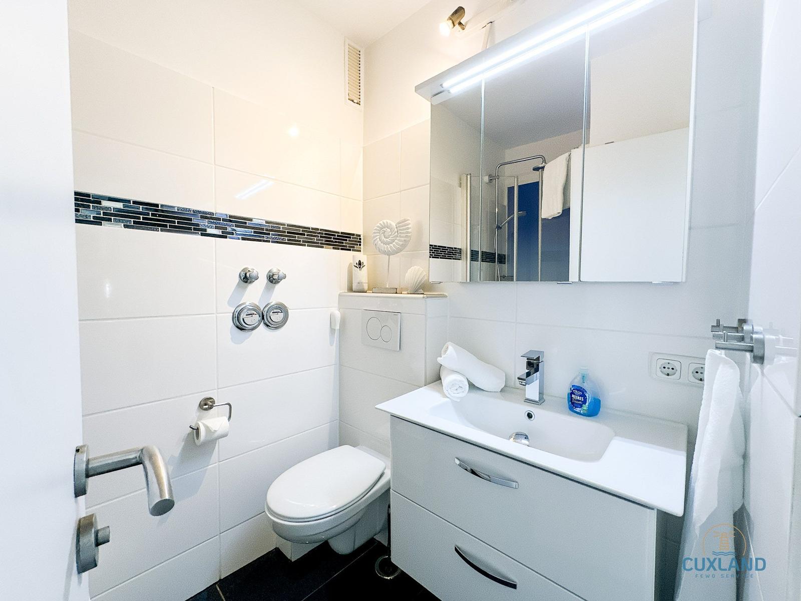 Badezimmer mit Dusche, Waschbecken und Toilette. Weiße Fliesen und Spiegelschrank.