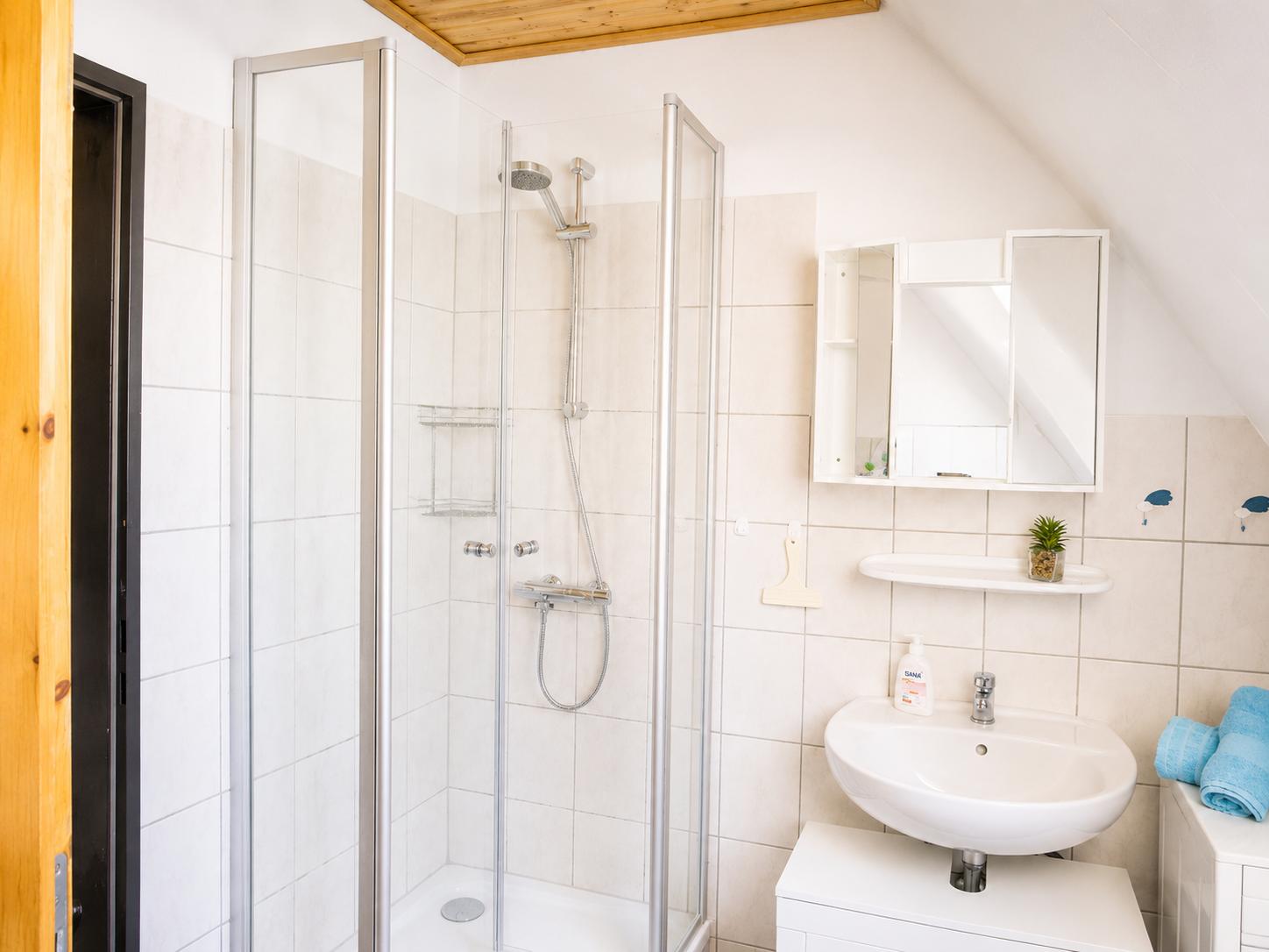 Badezimmer mit Dusche, Waschbecken und Spiegelschrank. Holzdecke und weiße Fliesen.