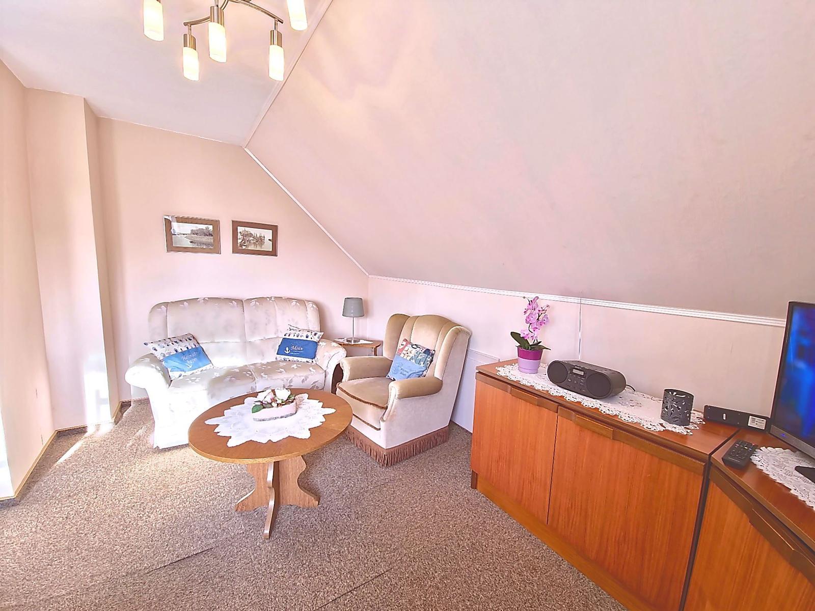 Wohnzimmer mit Sofa, Sessel, Tisch und Fernseher. Holzmöbel und Schieferdach.