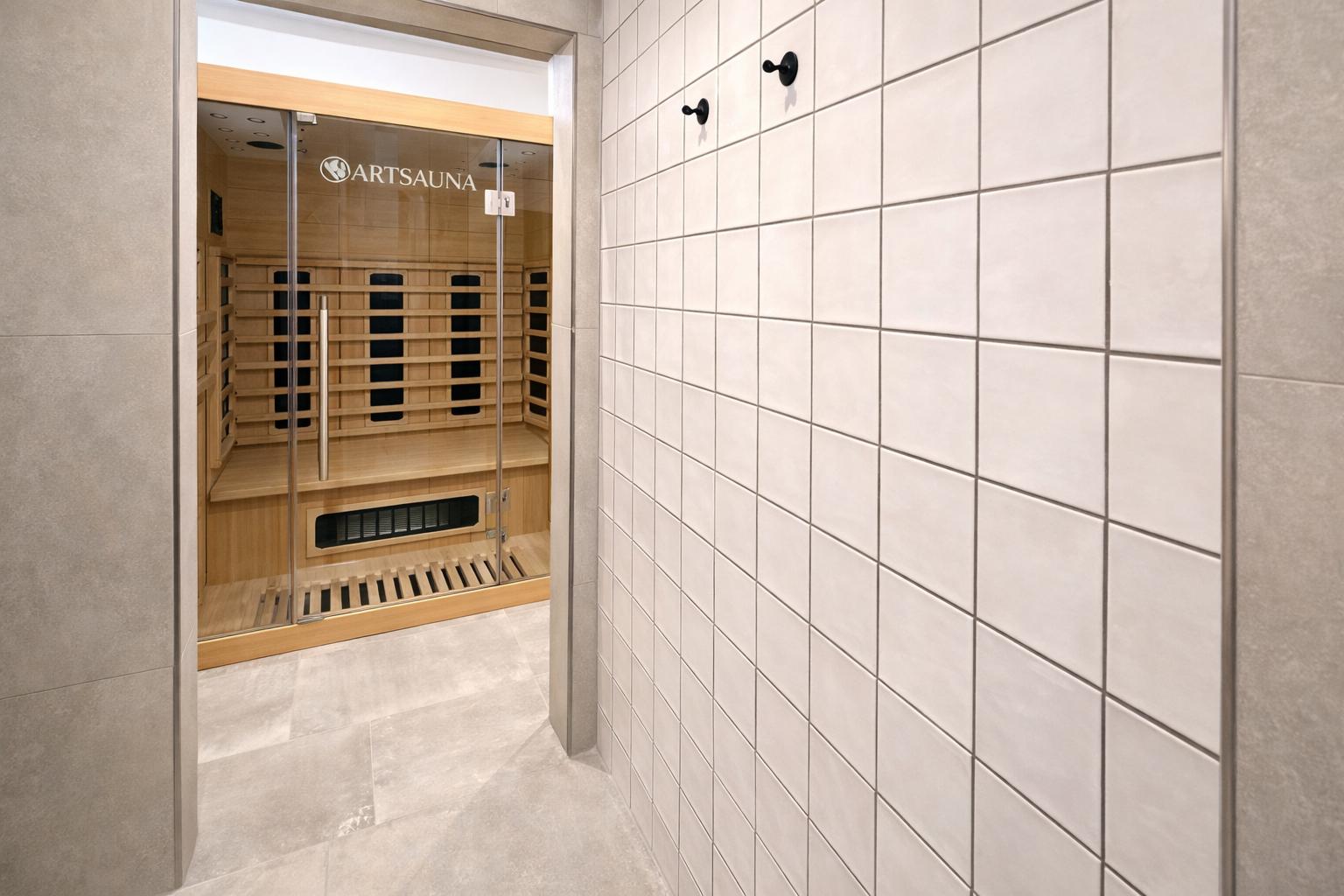 Sauna mit Glaswand und Holzbank. Fliesenwand und Boden sichtbar.