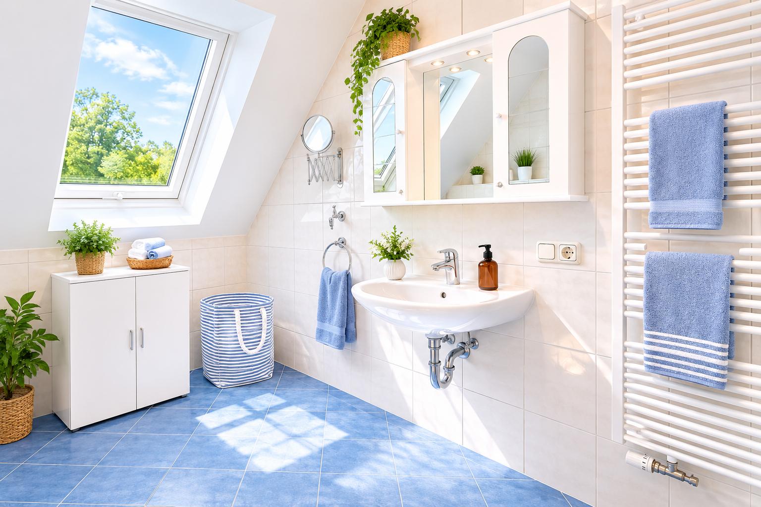 Badezimmer mit Dachschrägenfenster, Waschbecken, Spiegelschrank und Heizkörper mit Handtüchern.