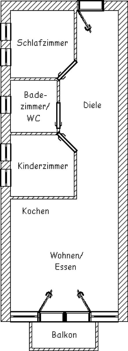 Schlafzimmer, Kinderzimmer, Bad/WC, Küche, Wohn/Essbereich und Balkon.