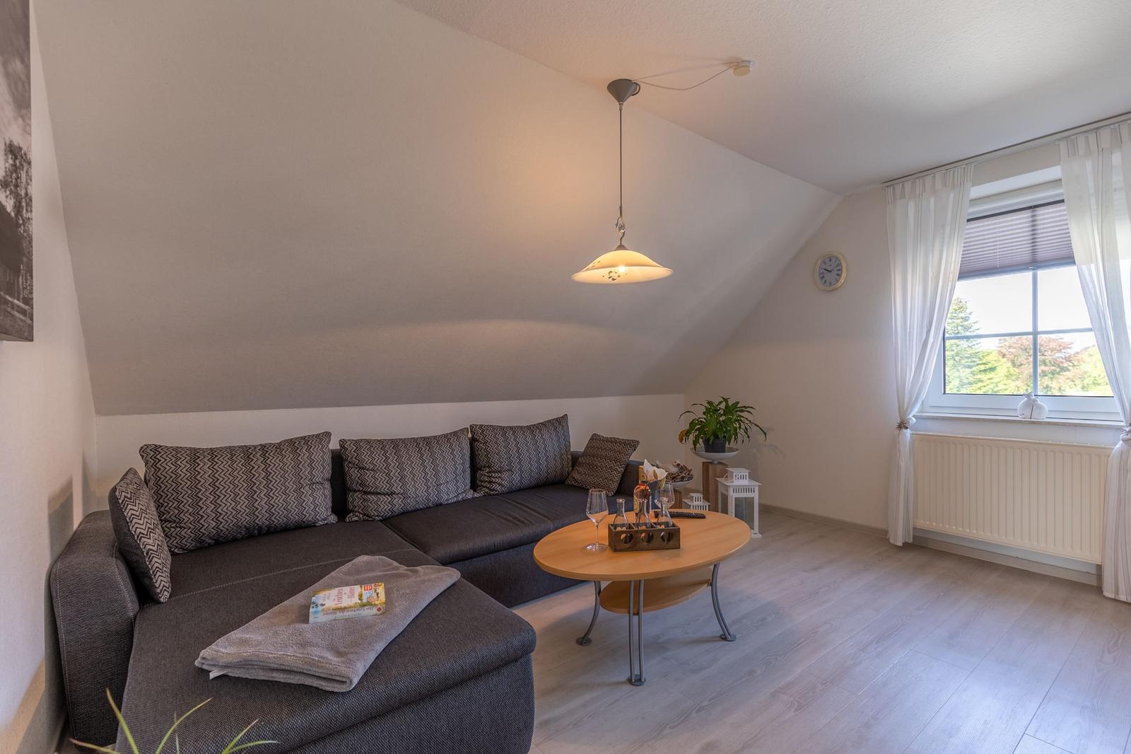 Wohnzimmer mit Sofa, Tisch und Fenster
