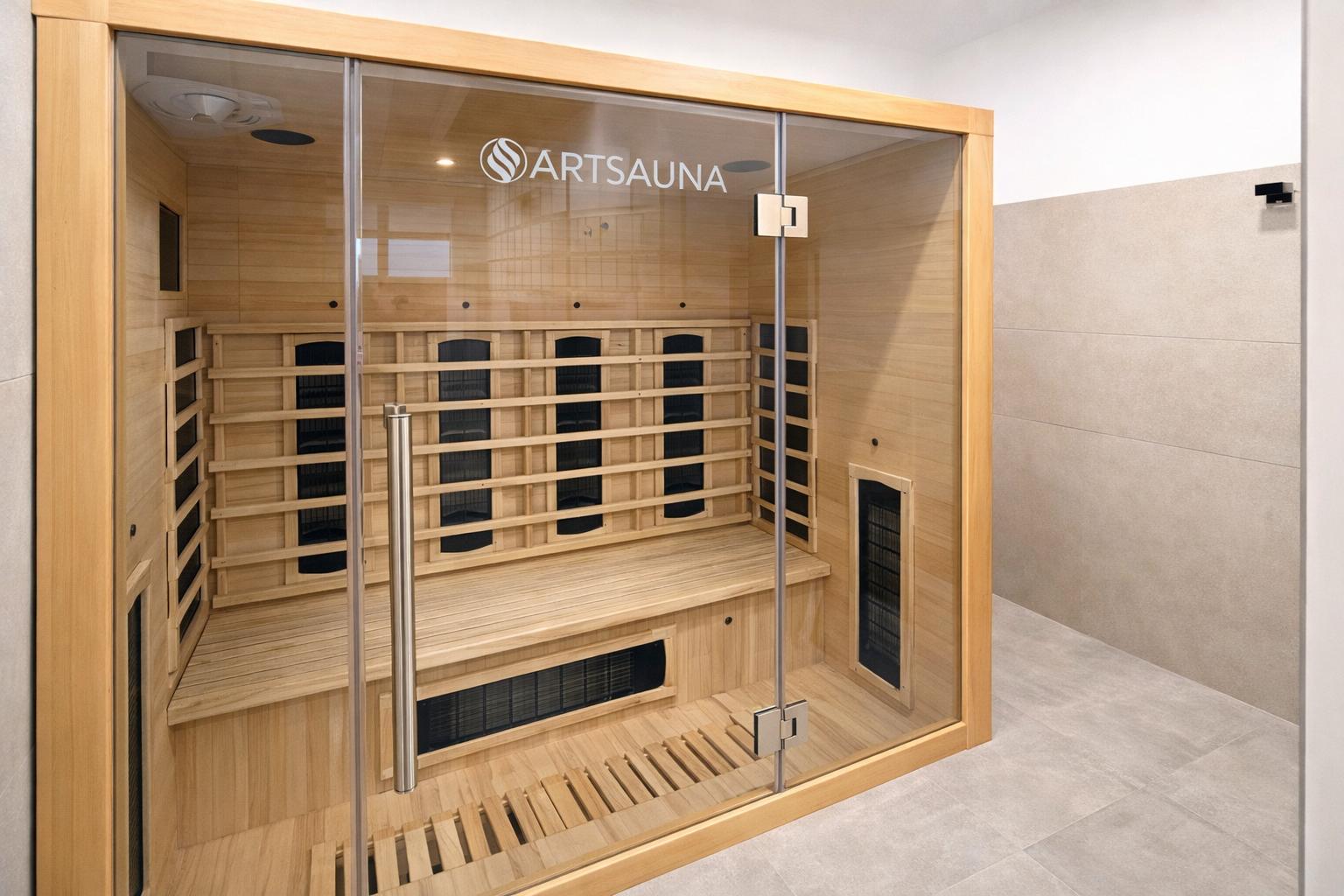 Eine Infrarotsauna mit Holzbank und Glasfront in einem hellen Raum.