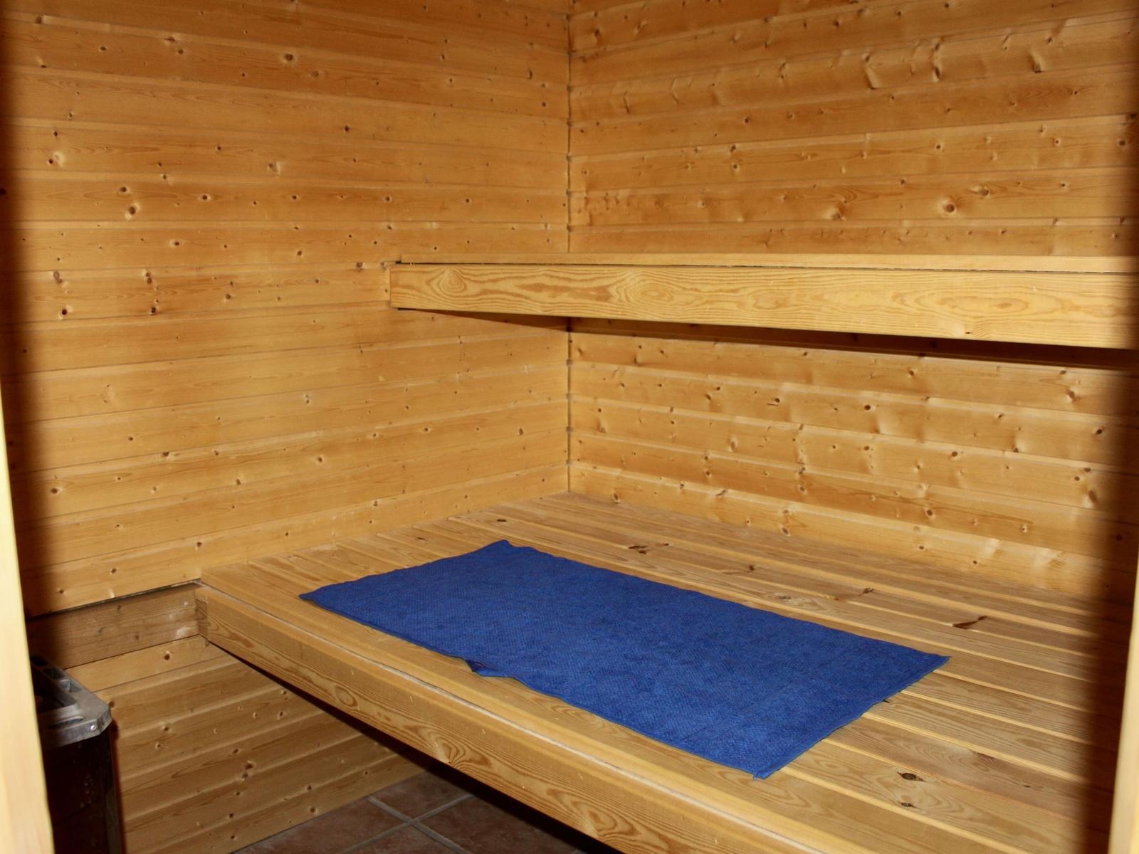Sauna mit Holzwand und blauer Matte auf der Bank
