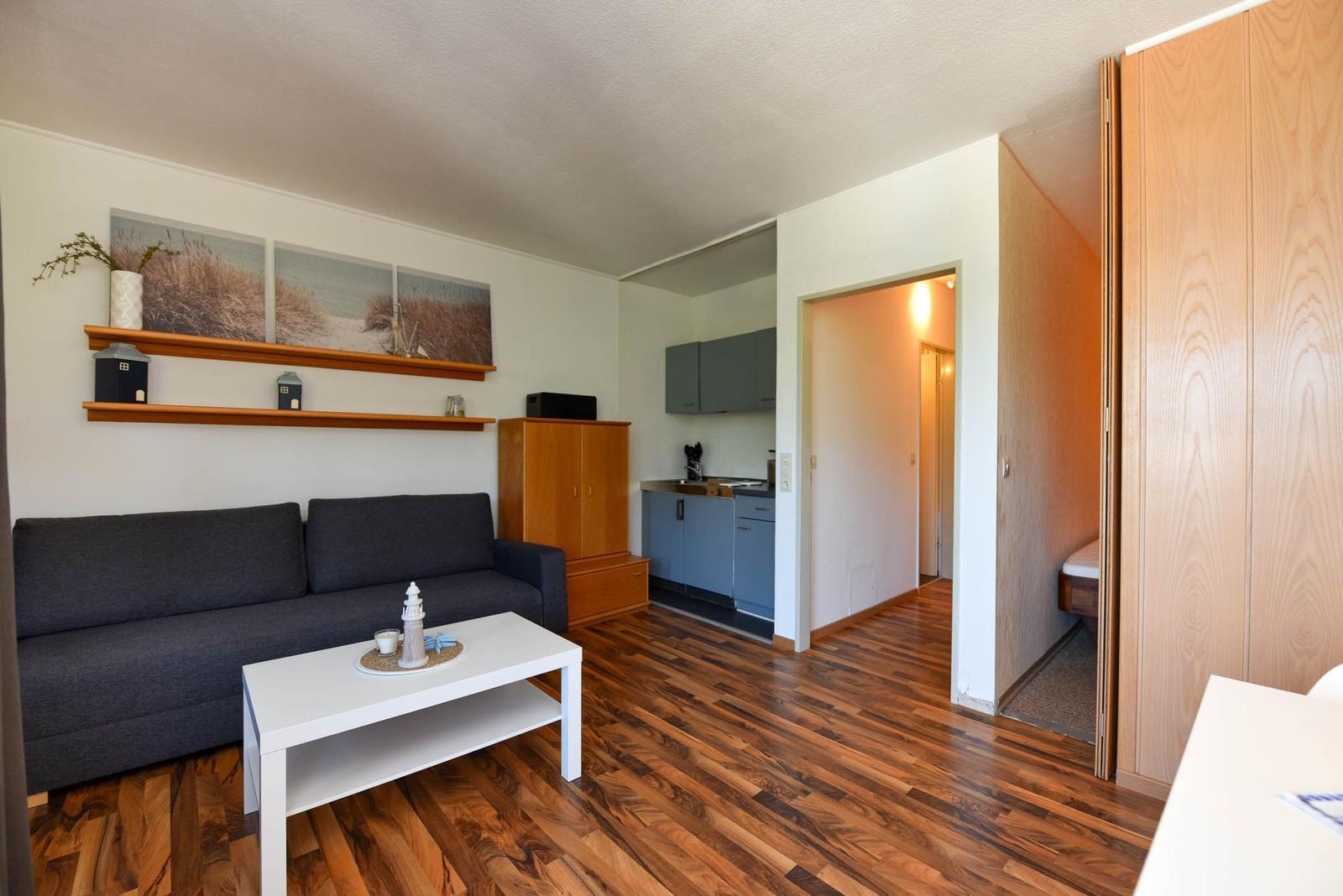 Wohnzimmer mit Sofa, Couchtisch und Küchenbereich. Holzfußboden und Schlafzimmer sichtbar.