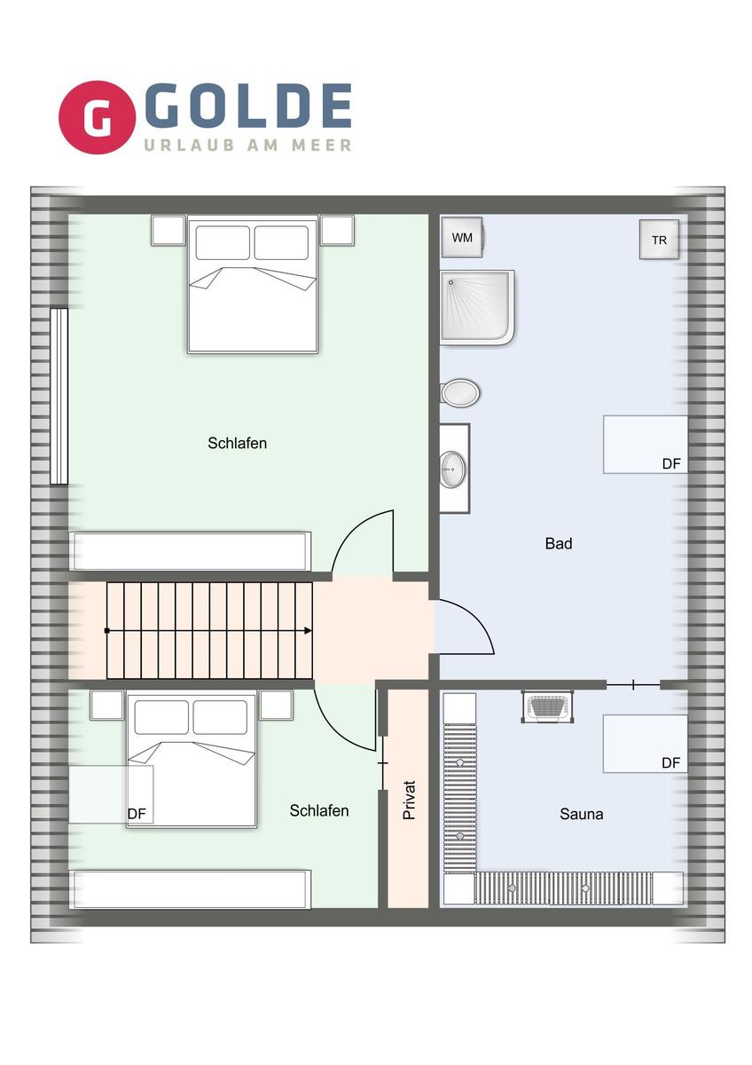 Zwei Schlafzimmer, Bad, Sauna und Terrasse. WM und DF sind vorhanden.