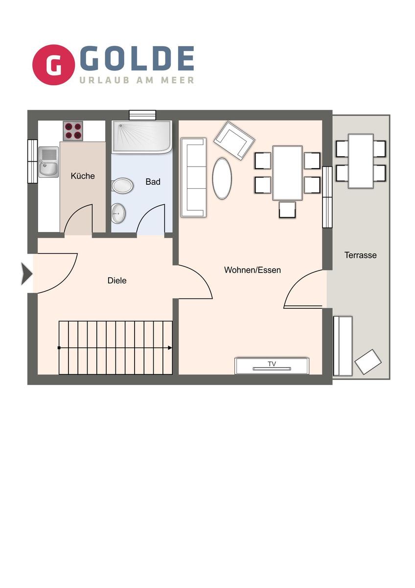Wohnung mit Küche, Bad, Wohnbereich, Terrasse und TV.