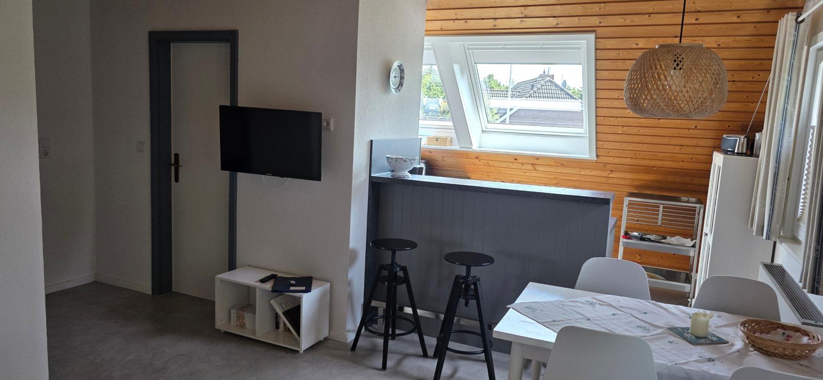 Wohnbereich mit TV, Esstisch und Barhocker. Holzwand und Dachfenster.