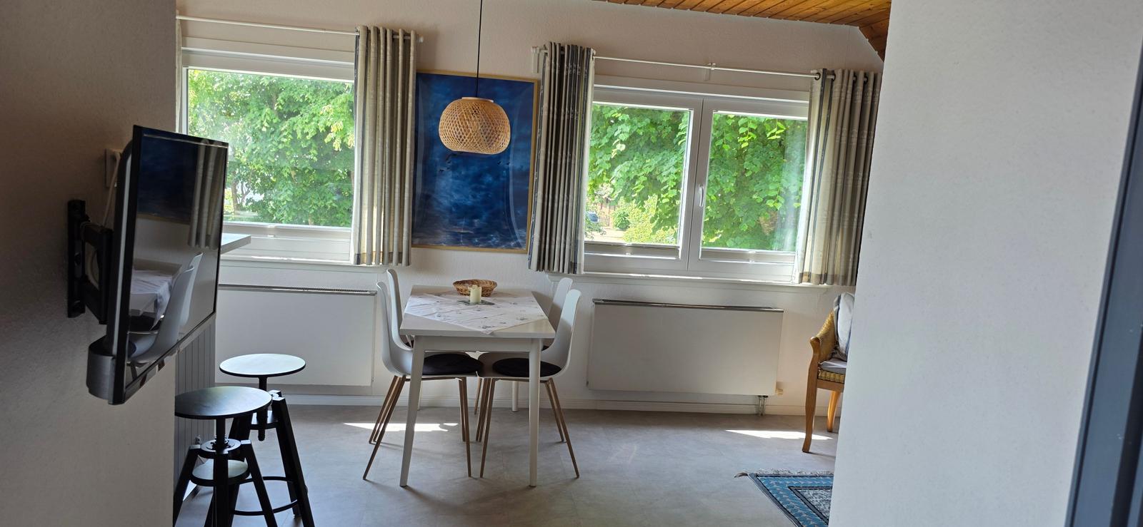 Esszimmer mit Tisch, Stühlen und Fenstern zum Garten. Wandmontierte TV und Deckenleuchte.