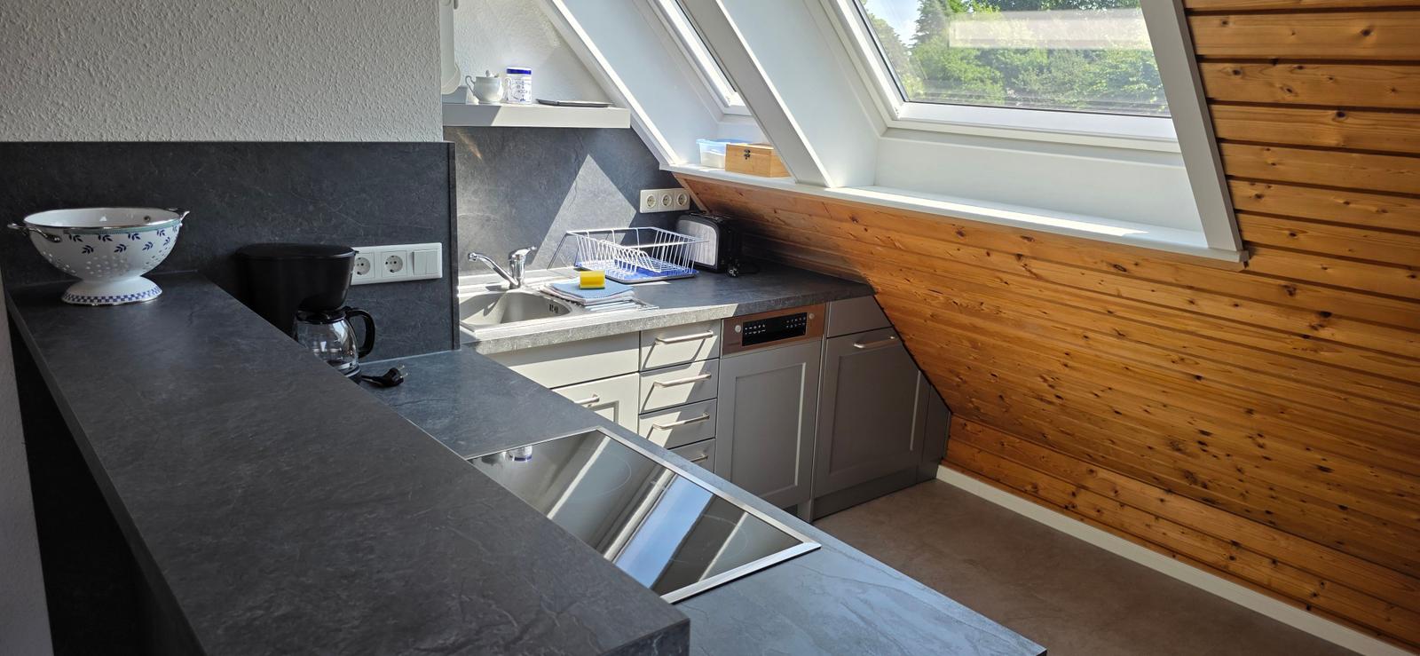 Küche mit Dunstabzug, Spüle und Fenster. Holzwand und dunkle Arbeitsplatte.