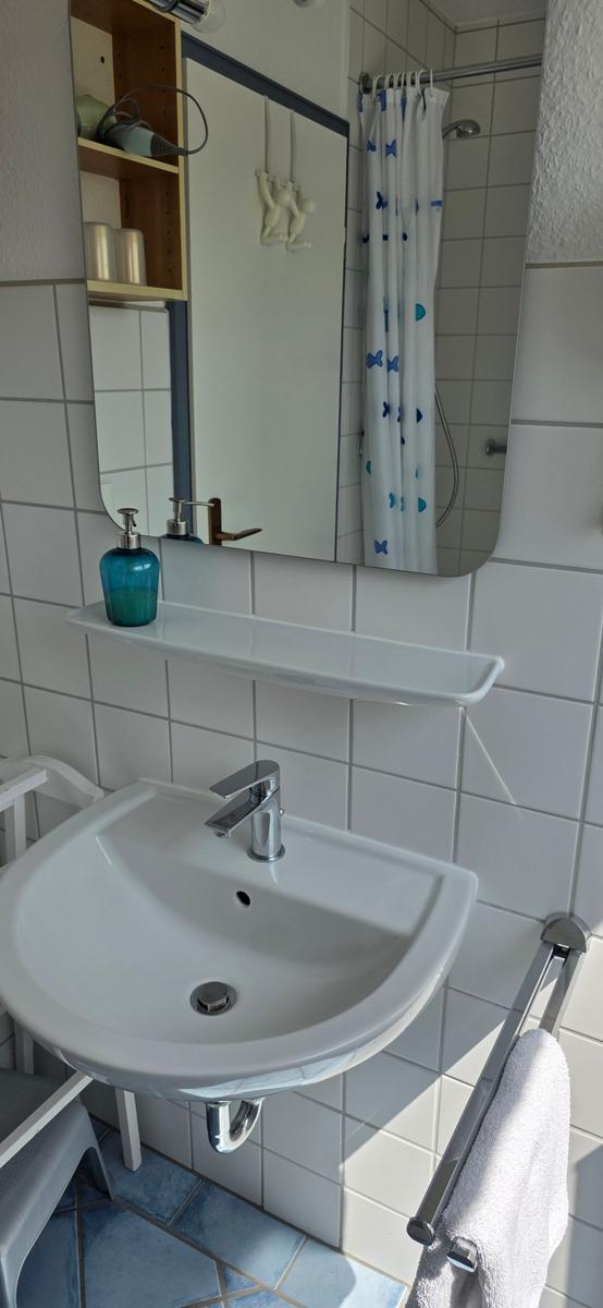 Badezimmer mit Waschbecken, Spiegel und Dusche mit Vorhang.