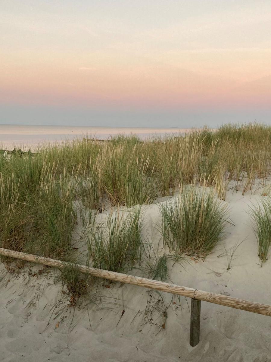 Sanddünen mit Gras und Holzgeländer am Strand bei Sonnenuntergang.