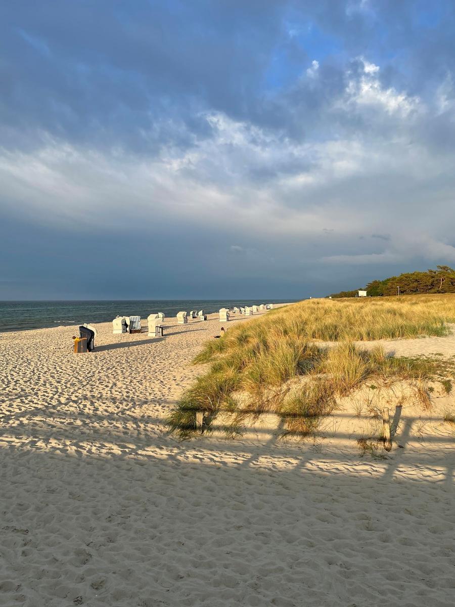 Strand mit Sanddünensystem und Strandkörben unter bewölktem Himmel