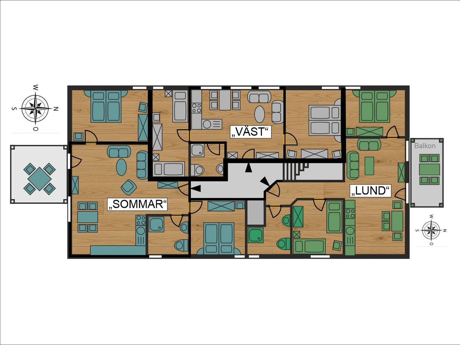 Flur mit Treppenhaus, drei Schlafzimmer, Küche und Balkon. Räume sind klar markiert.