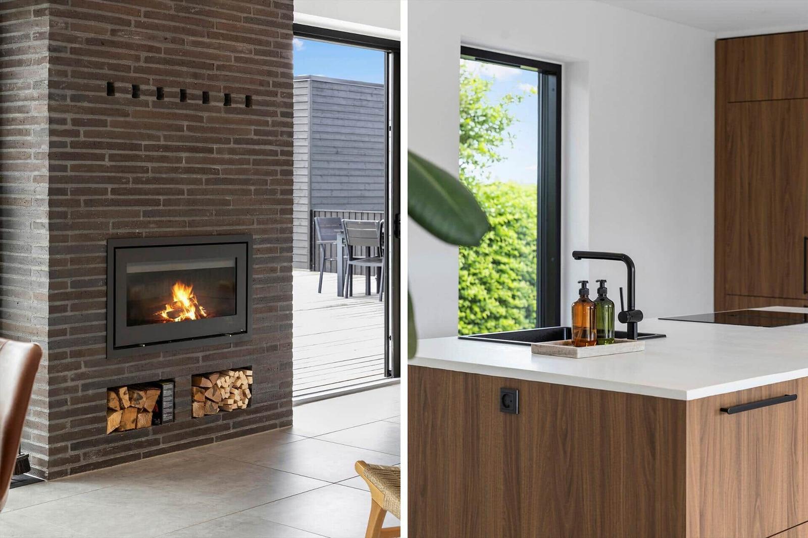 Kamin mit Holzstapel und Terrasse. Küche mit Arbeitsplatte und Fenster.