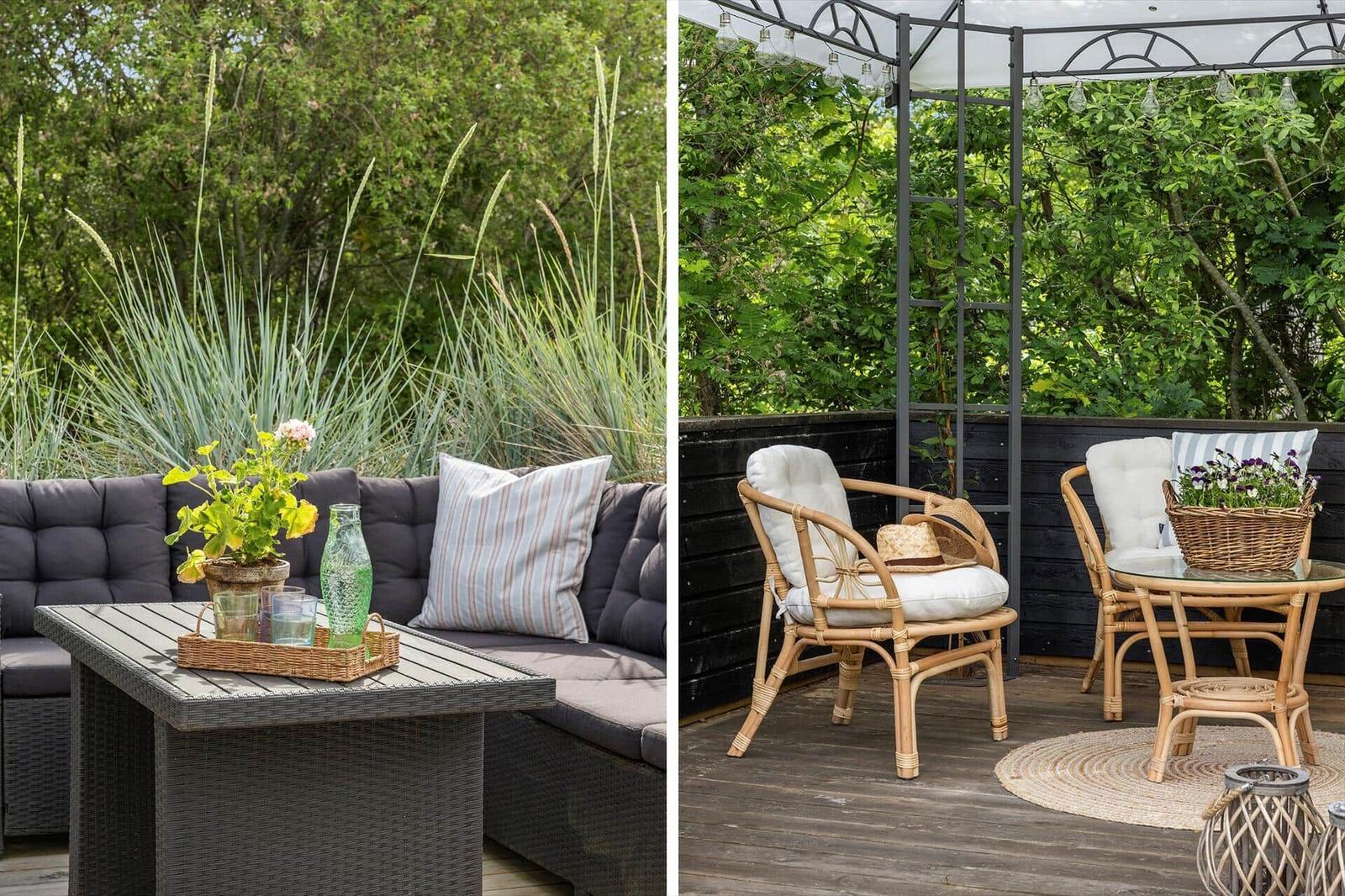 Terrace with seating and plants. Left: sofa with table. Right: rattan chairs under pergola.