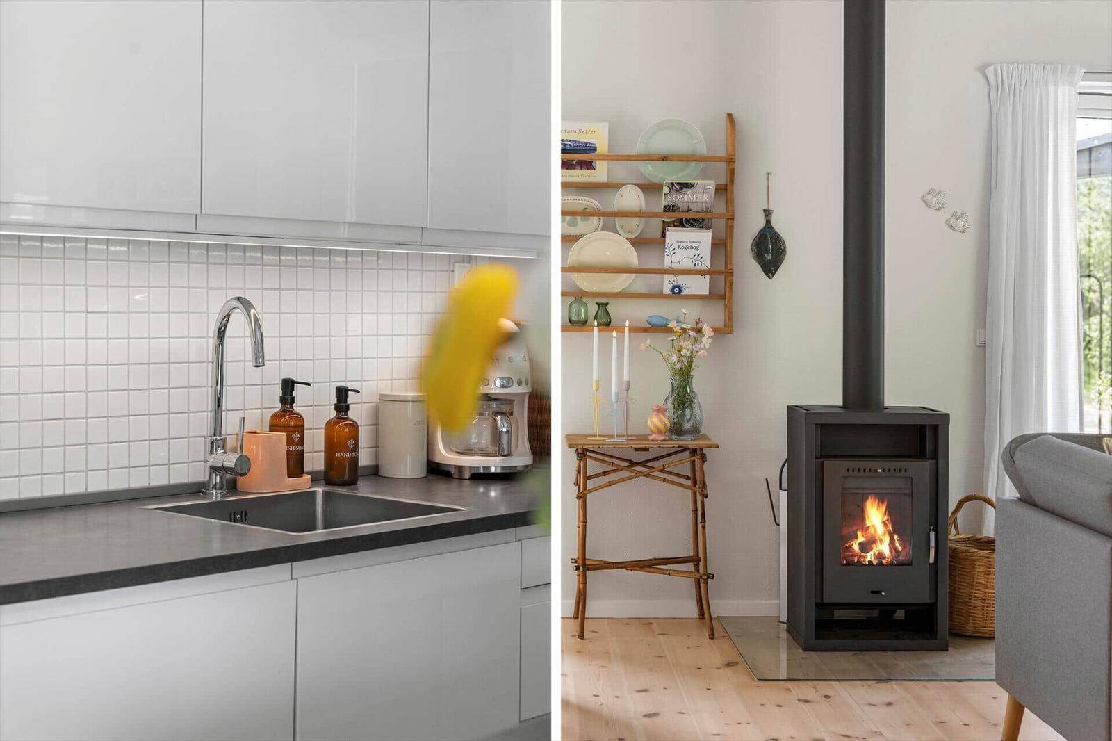 Kitchen with sink and worktop. Living room with fireplace and wooden table.