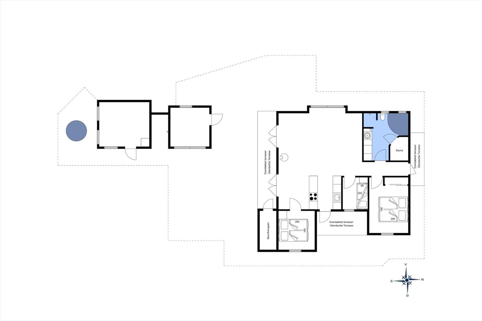 Functional floor plan with sauna, kitchen, and two bedrooms.