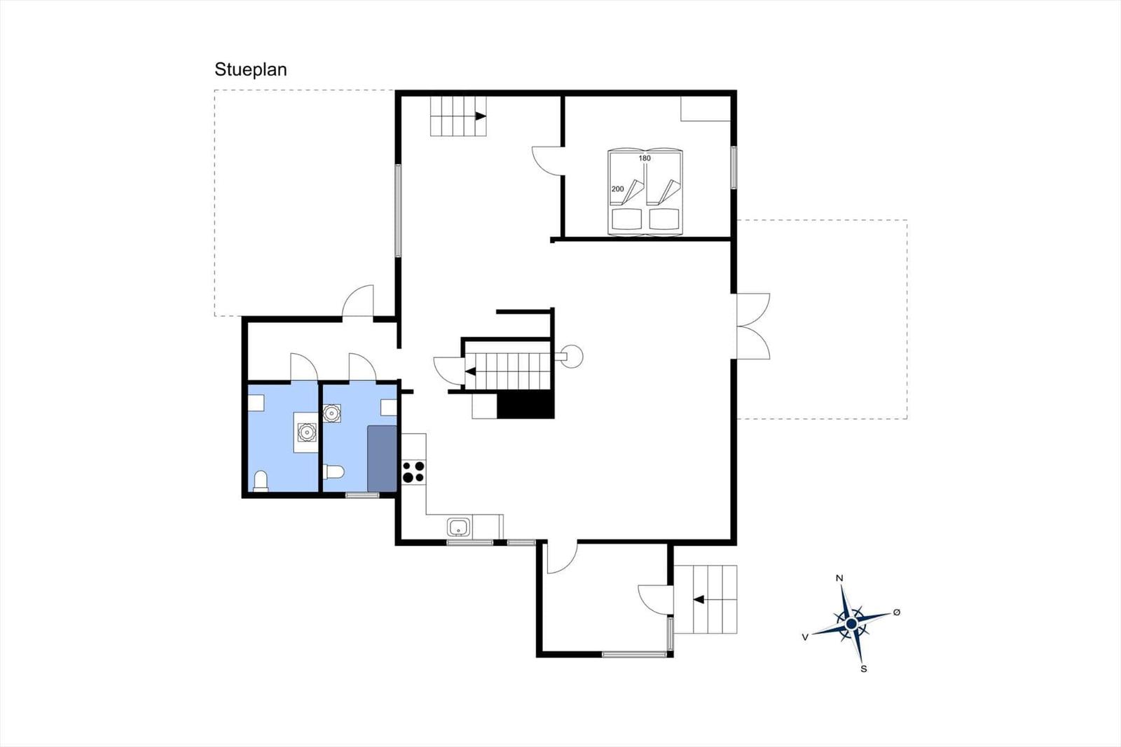 Stueplan zeigt Wohnbereich, Küche, Schlafzimmer und Badezimmer mit Orientierung.