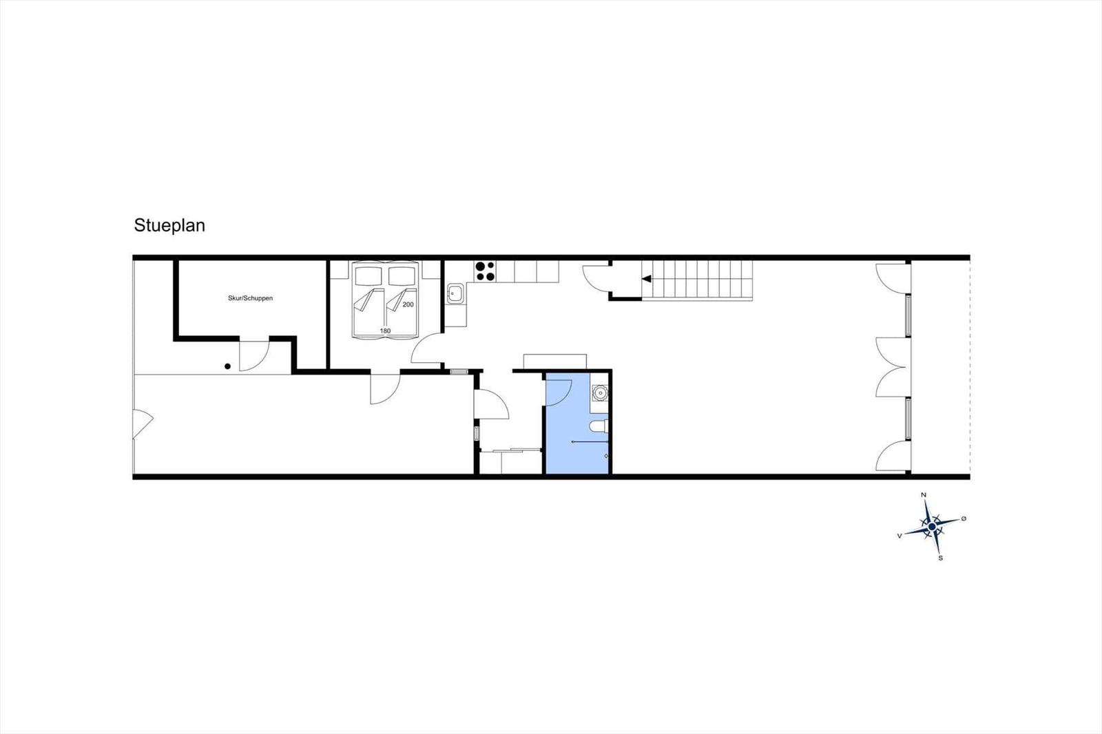 Stueplan zeigt Schlafzimmer, Küche, Bad und Treppenhaus.