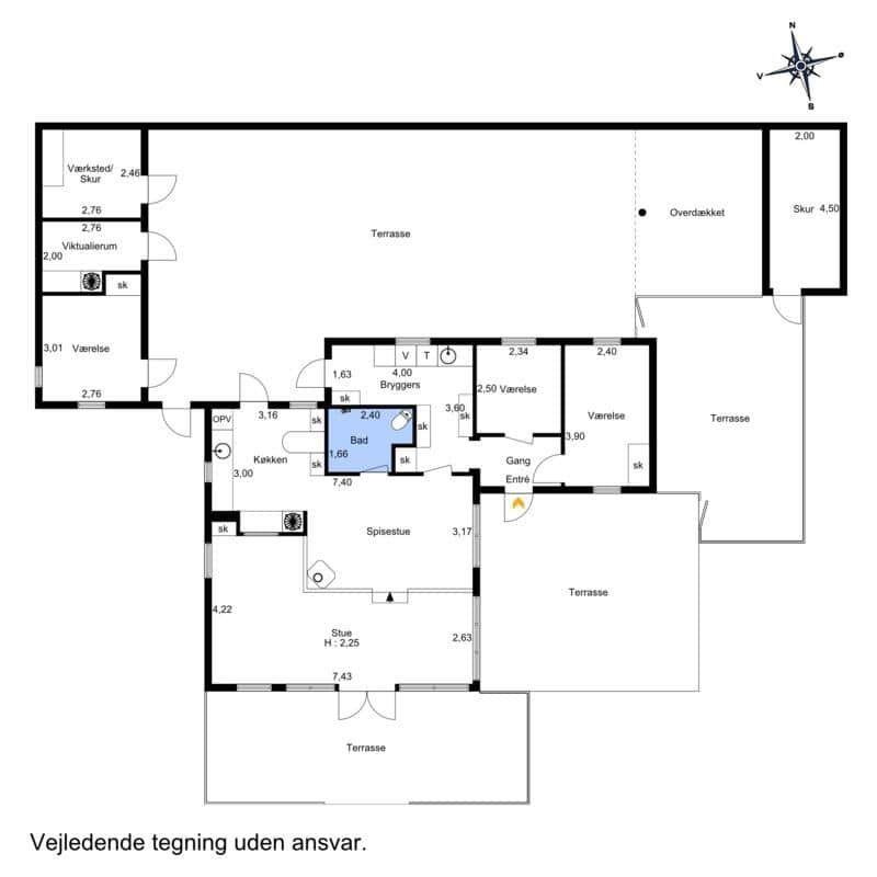 Planaufnahme einer Wohnung mit Küche, Bad, Wohnzimmer und mehreren Terrassen.