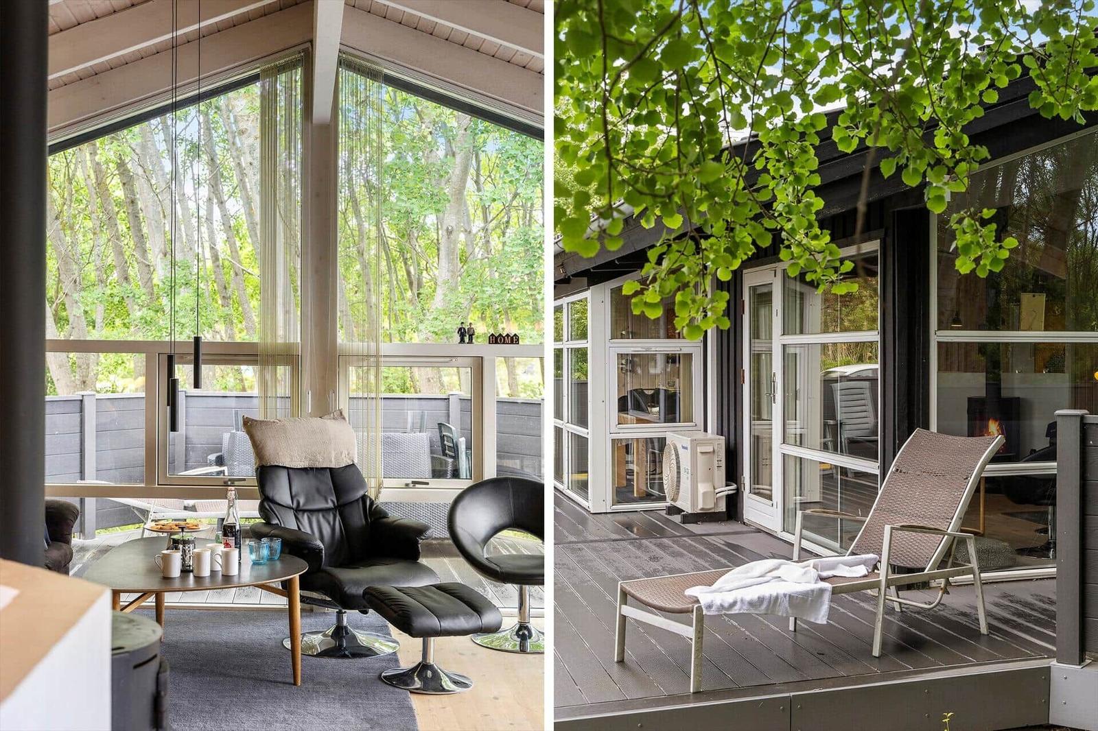 Indoor seating with forest view. Outdoor lounge chair and glass facade.