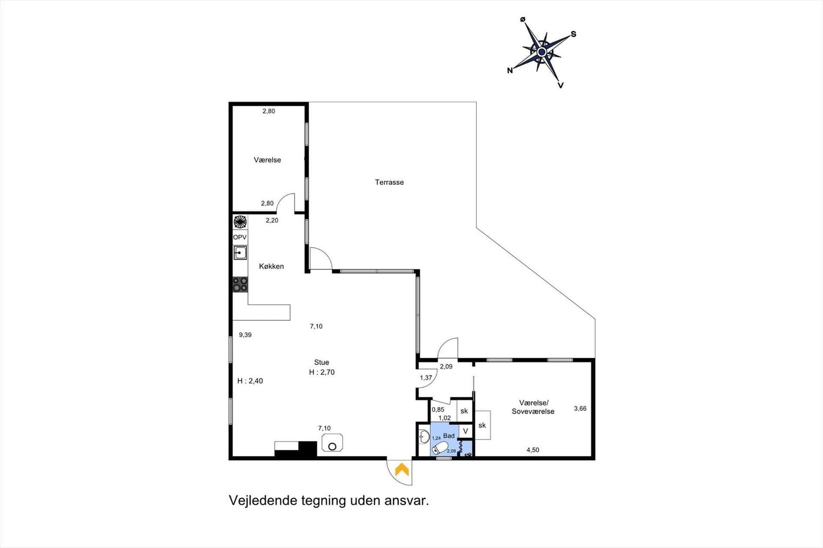 Wohnung mit Küche, Wohnzimmer, Schlafzimmer und Terrasse. Raumhöhen und Flächen angegeben.