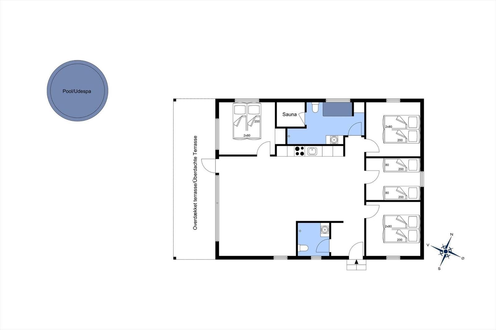 Floor plan with sauna, kitchen, and multiple bedrooms with beds.