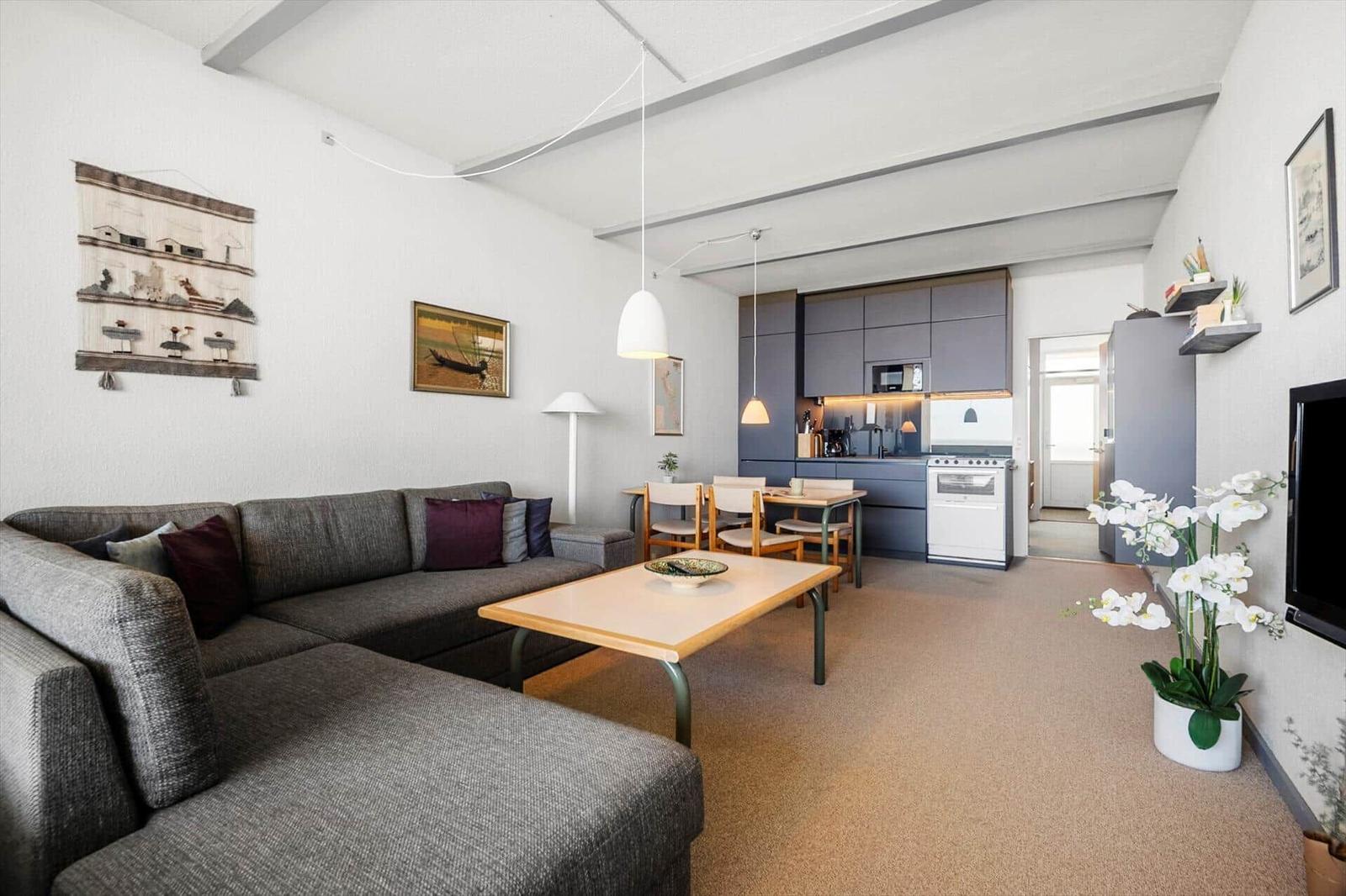 Wohn- und Essbereich mit Sofa, Tisch und Küchenzeile.