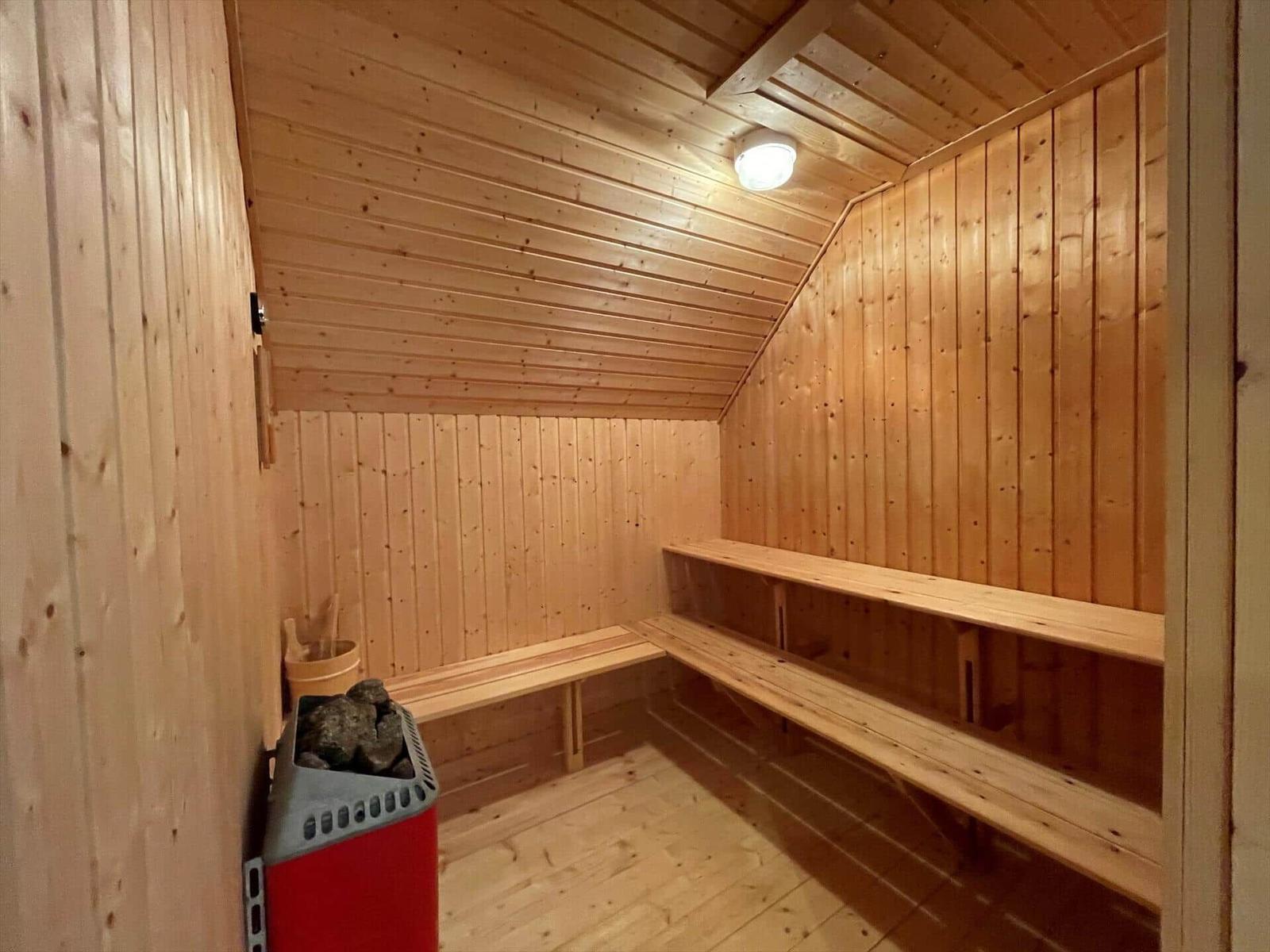 Sauna mit Holzwandverkleidung und Sitzbänken. Heizung mit Steinen.