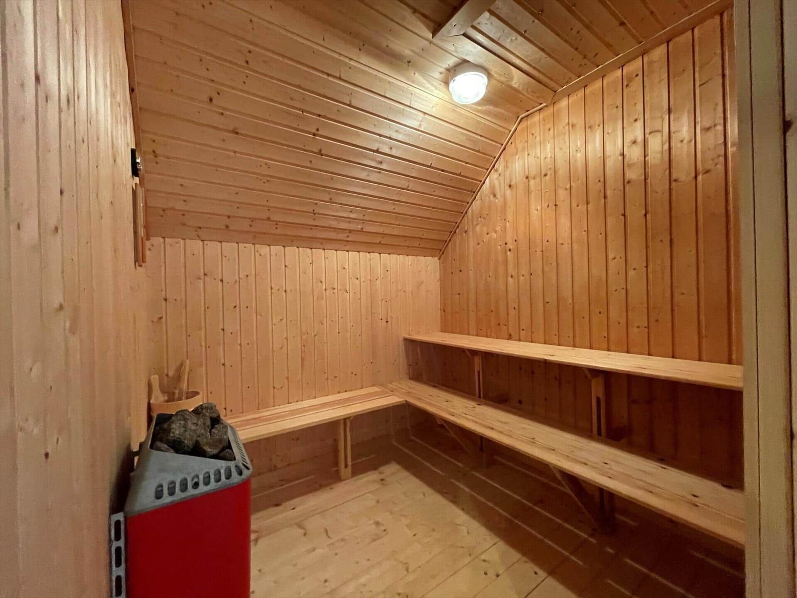 Sauna mit Holzwand, Bänken und Heizung.