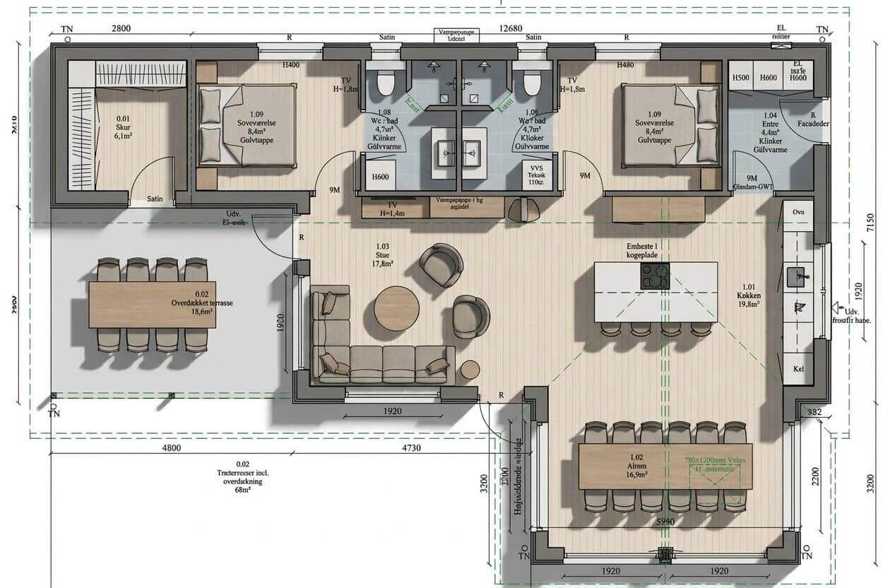 Dieses Haus hat zwei Schlafzimmer, eine Küche, ein Wohnzimmer und eine überdachte Terrasse.