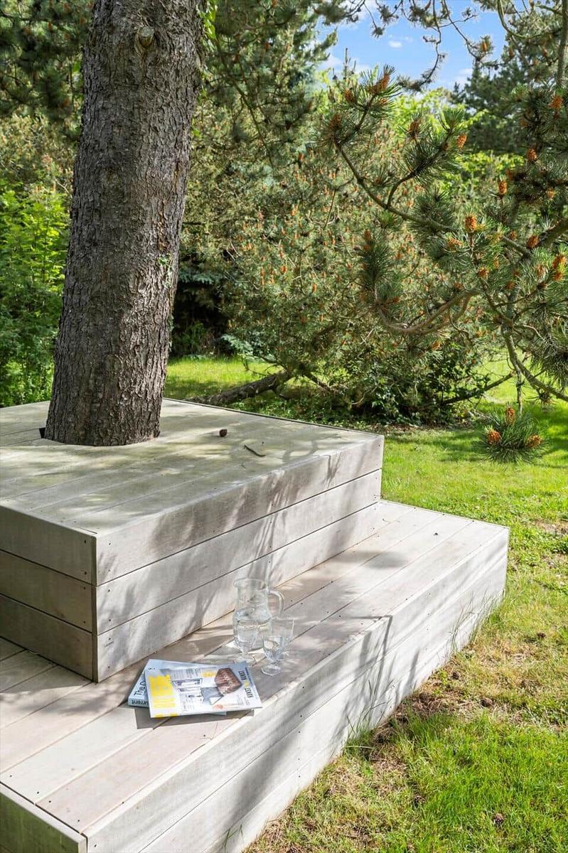 Wooden terrace with steps around tree, featuring glass, pitcher, and newspaper.
