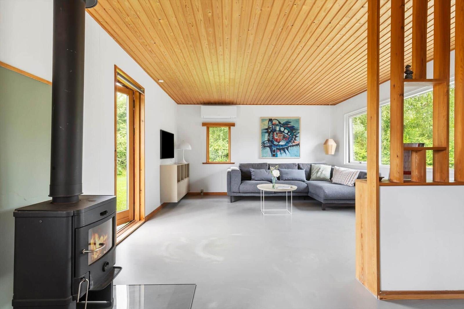Living room with wooden ceiling, wood stove, and gray sofa